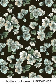 abstract monochrome vector textile design, arrangement with big Cherry blossoms, all-over seamless pattern with green and gray tone color illustration digital image printing factory