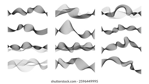 Abstract monochrome wave collection. Vector isolated smoke wavy lines. Musical pulsing streams, dynamic sound flares and energy flows. Curved smooth stripes set. Digital art and animation design