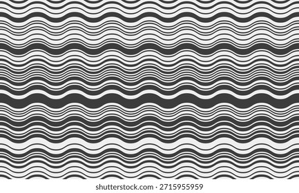 Abstraktes monochromes Wellenmuster.  Nahtloses Design mit wellenförmigen schwarz-weißen Linien, ideal für Hintergründe, Textilien oder Website-Design.