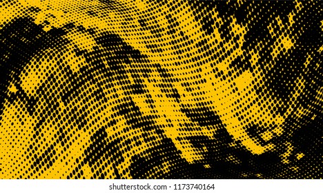 Abstract monochrome yellow black halftone pattern. Pixel art. Vector illustration with dots. Modern polka dots background