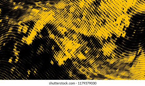 Abstract monochrome yellow black halftone pattern. Pixel art. Vector illustration with dots. Modern polka dots background