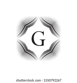 Abstract monogram, emblem, letter G sign, black lines pattern, frame, vector design decorative element.