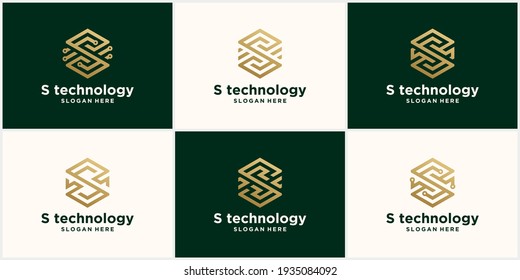 Abstract monogram logo S technology letter design set, in gold color