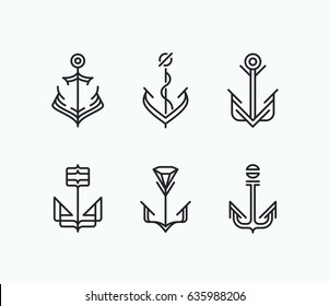 Abstract monoline geometry anchor symbols' set. Nautical icons' collection. 