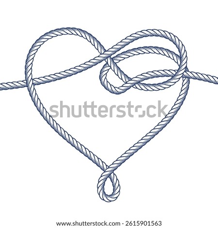 Abstract monoline rope heart frame emblem. Vector continuous line sketch illustration of nautical cord. Design elements for banner, poster, print, card, menu, yacht style label or packaging