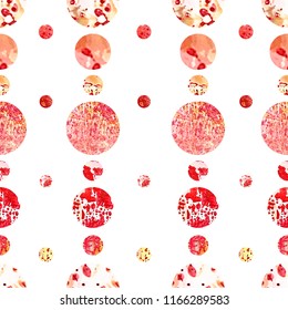 Abstract monotype colored circles on a white background, seamless pattern, red, yellow, pink