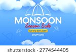 Abstract monsoon season discount background with umbrella line art and rain drops