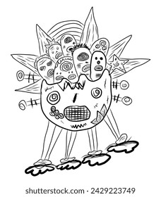 Abstract monster doodle drawing. Children's drawing. Children's scribbles with drawings of monster. Monster abstract.