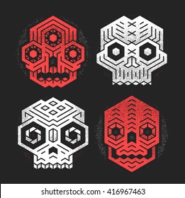 Abstract monster skulls sign designs. Cool dead head vector illustration. Unusual geometric vector cranium t-shirt print set. Grunge texture weathered paint effect. Evil tiki gods tribal illustration.