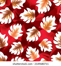 abstract monstera foliage seamless pattern on red grunge background. tropical leaves seamless pattern. jungle plants illustration. monstera leaves. Exotic tropics. Summer design. nature wallpaper
