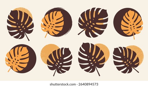 Abstract Monstera Leaf Arrangement with Circle Pattern Tropical Botanical Illustration Set