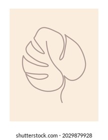 Abstract monstera leaf drawn by one line. Outline drawing. The art of minimalism. Suitable for home decor, posters, wall art, prints, stickers, mobile phone cases. Vector illustration.