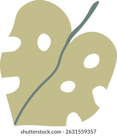An abstract monstera leaf with large cutouts and a curving stem in a flat style. The leaf shape is stylized with smooth edges and bold negative spaces. Cartoon vector illustration.