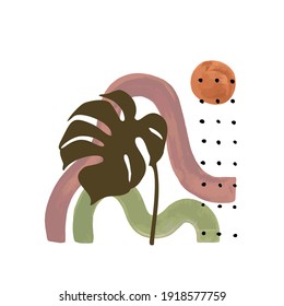 Abstract monstera leaf plant poster. Elegant tropical leaf with watercolor minimal wavy shapes background. Natural vector illustration for minimalist print, cover, boho decor, organic wallpaper design