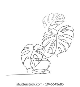 Resumen Las hojas de Monstera con un arte de dibujo de una línea en un pozo limpio. Dibujo de línea continua. Dibujo del contorno de Monstera.Arte minimalista. Ilustración vectorial mínima moderna en blanco y negro para imprimir.