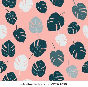 Abstract monstera leaves design on pink background pattern seamless backdrop wallpaper. Vector image