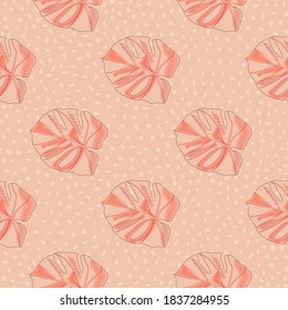 Abstract monstera leaves elements seamless pattern. Hand drawn floral pink ornament on dotted background. Decorative backdrop for fabric design, textile print, wrapping, cover. Vector illustration