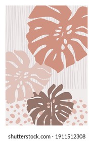 Abstract Monstera Leaves Plant Poster. Modern Tropical Leaf With Doodle Texture, Minimal Elements Background. Natural Vector Illustration For Minimalist Print, Cover, Boho Home Decor, Wallpaper Design