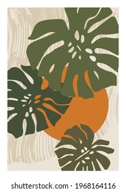 Abstract monstera leaves plant poster. Modern tropical leaf with doodle texture, minimal elements background. Natural vector illustration for minimalist print, cover, boho home decor, wallpaper design