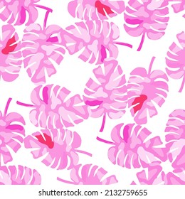 Abstract monstera leaves tropical seamless pattern. Rainforest background. Creative palm leaf endless wallpaper. Exotic hawaiian jungle backdrop. Design for fabric , textile print, wrapping, cover