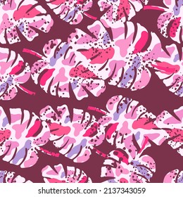 Abstract monstera leaves tropical seamless pattern. Rainforest background. Creative palm leaf endless wallpaper. Exotic hawaiian jungle backdrop. Design for fabric , textile print, wrapping, cover