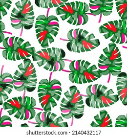 Abstract monstera leaves tropical seamless pattern. Rainforest background. Creative palm leaf endless wallpaper. Exotic hawaiian jungle backdrop. Design for fabric , textile print, wrapping, cover
