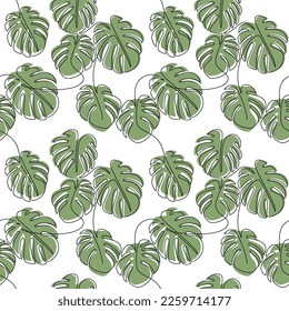 Abstract monstera plant leaves seamless vector pattern. One line continuous hand drawn leaf illustration. Botanical wallpaper, graphic background, fabric, print, wrapping paper or package design.