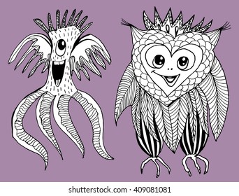 Abstract monsters. Mutants. Fantastic creatures. Fantastic animals. Aliens. Line art. Black and white drawing by hand. Doodle. Coloring.