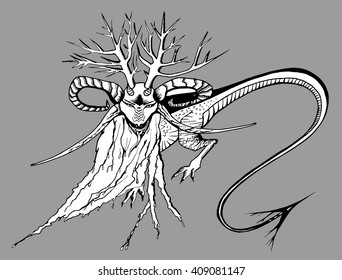 Abstract monsters. Mutants. Fantastic creatures. Fantastic animals. Aliens. Line art. Black and white drawing by hand. Doodle. Coloring.