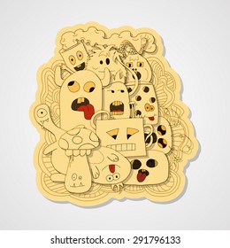 Abstract monsters pattern. Designe of wooden stand.