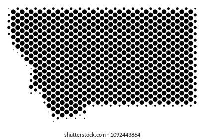 Abstract Montana State map. Vector halftone geographic scheme. Cartographic pixelated composition. Schematic Montana State map is shaped from regular circle spot grid.