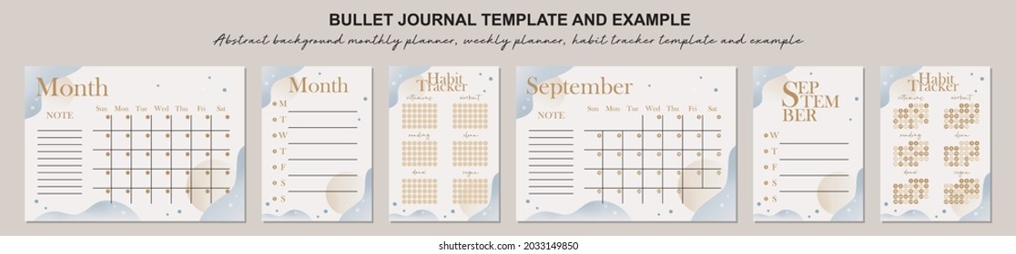 Abstract monthly planner, weekly planner, habit tracker template and example.  Template for agenda, schedule, planners, checklists, bullet journal, notebook and other stationery.