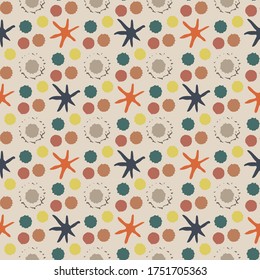 Abstract moon crater and stars vector seamless pattern background. Naive style hand drawn mix of celestial asteroids on beige backdrop. Modern all over print of astronomical objects in universe.
