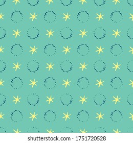 Abstract moon crater and stars vector seamless pattern background. Naive style hand drawn mix of celestial asteroids on light teal backdrop. Modern all over print of astronomical objects in universe.
