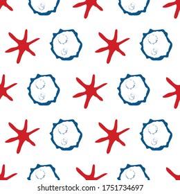 Abstract moon crater and stars vector seamless pattern background. Naive style hand drawn celestial asteroids red blue white backdrop. Modern all over print of astronomical objects for space concept