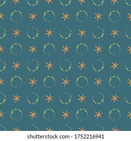 Abstract moon crater and stars vector seamless pattern background. Naive style hand drawn celestial meteor imprints teal gold backdrop. Conceptual all over print of astronomical objects in space
