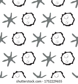 Abstract moon crater and stars vector seamless pattern background. Naive style hand drawn celestial asteroids black white backdrop. Modern all over print of astronomical objects for space concept