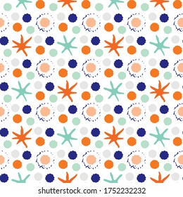 Abstract moon crater and stars vector seamless pattern background. Naive style hand drawn mix of celestial asteroids on white backdrop. Modern all over print of astronomical objects in space.