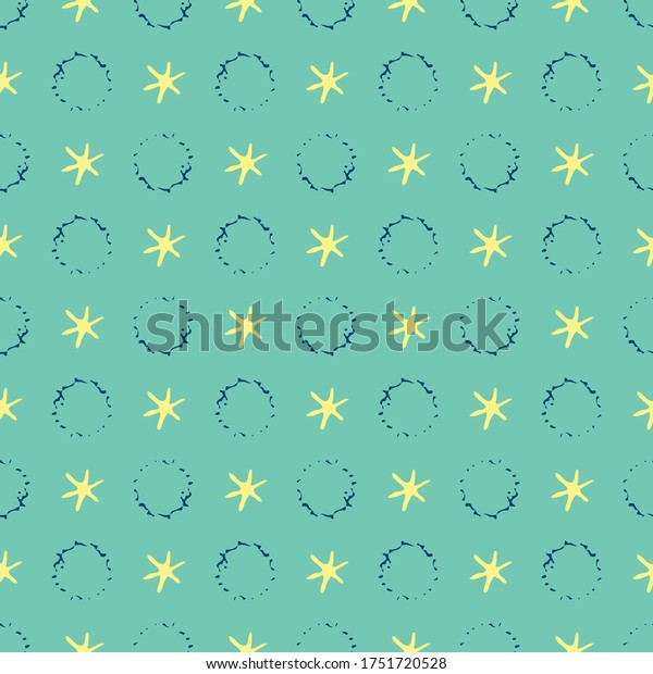 Abstract moon crater and stars vector seamless\
pattern background. Naive style hand drawn mix of celestial\
asteroids on light teal backdrop. Modern all over print of\
astronomical objects in\
universe.