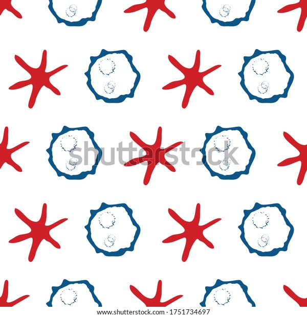 Abstract moon crater and stars vector seamless\
pattern background. Naive style hand drawn celestial asteroids red\
blue white backdrop. Modern all over print of astronomical objects\
for space concept