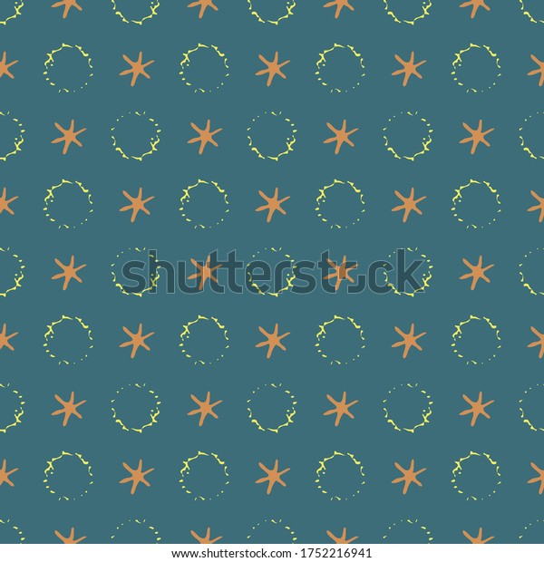 Abstract moon crater and stars vector seamless\
pattern background. Naive style hand drawn celestial meteor\
imprints teal gold backdrop. Conceptual all over print of\
astronomical objects in\
space