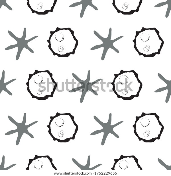 Abstract moon crater and stars vector seamless\
pattern background. Naive style hand drawn celestial asteroids\
black white backdrop. Modern all over print of astronomical objects\
for space concept