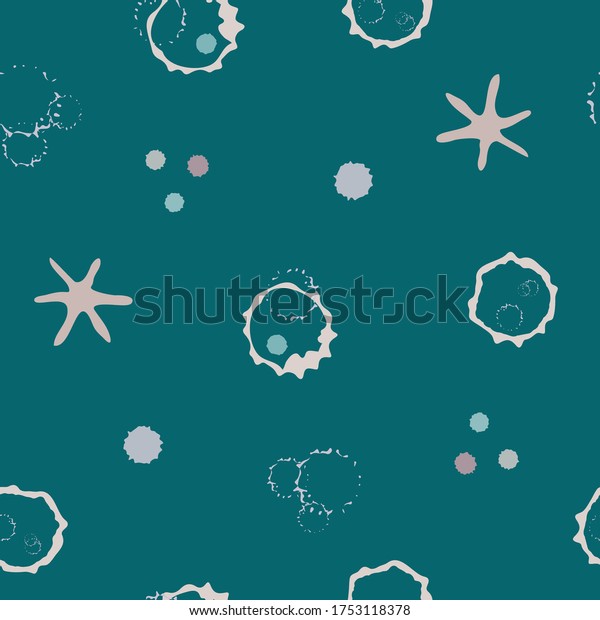 Abstract moon crater and stars vector seamless\
pattern background. Naive scribble style of celestial asteroids on\
teal pink backdrop. Moder all over print of astronomical objects\
for space concept