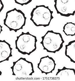 Abstrakter Mondkrater, Vektorgrafik, nahtloser Musterhintergrund. Naive Stil handgezeichnet Mix aus Asteroiden bedruckt schwarz-weißer Hintergrund Modern auf dem gesamten Druck astronomischer Mondkreise für Raumkonzept.