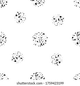 Abstract moon crater vector seamless pattern background. Black and white backdrop with scattered grunge style meteor imprints. Flecked painterly circles repeat for lunar outer space concept.