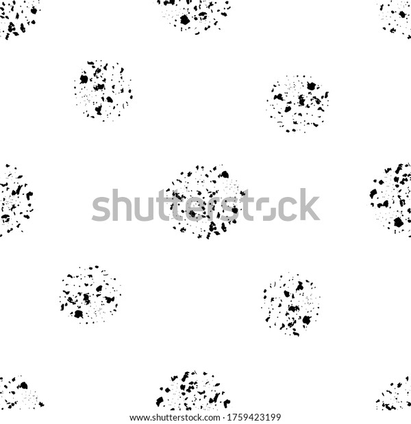 Abstract moon crater vector seamless pattern\
background. Black and white backdrop with scattered grunge style\
meteor imprints. Flecked painterly circles repeat for lunar outer\
space concept.