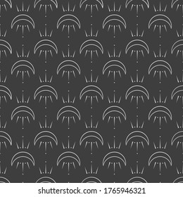 Abstract Moon or Crescent. Repeating Vector minimalistic icons. Vintage Boho style. Astrology, Esoteric, Mystic concept. Seamless Pattern. Dark Backround. Silver gradient. Perfect for textile prints