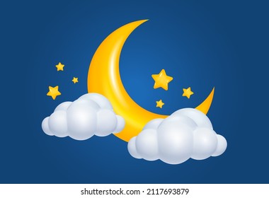 Abstract moon or crescent with stars and clouds. Glossy 3d crescent with bright stars. Moon or crescent. Space futuristic creative design. Plasticine effect. Vector illustration