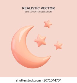 Abstract moon or crescent with stars. Glossy 3d crescent with bright stars. Moon or crescent. Space futuristic creative design. Vector illustration