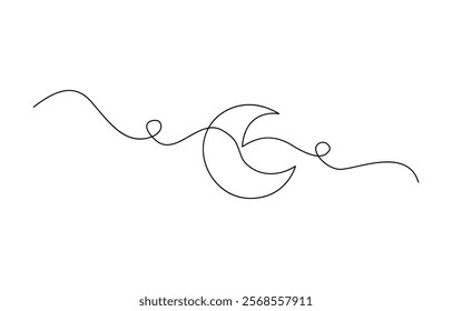 Abstract moon doodle one continuous line drawing crescent moon, Continuous line drawing of Crescent moon icon. Lunar design elements. Earth's only natural satellite.